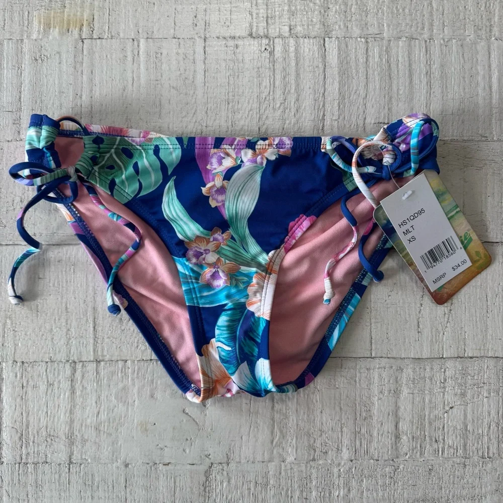 Hobie Floral Side Tie Bikini Bottom NWT size XS Blue Tropical Hipster‎ Swimsuit
